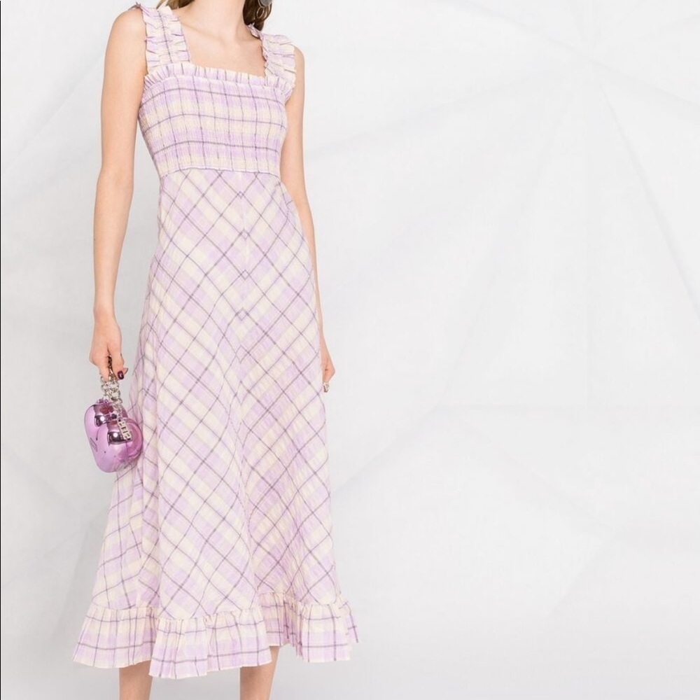 GANNI Ruffle Trim Check Midi Dress Lavender Sz 36